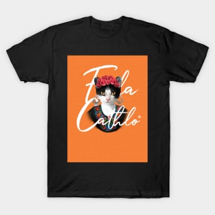 Orange TXW back Cat Frida Cathlo version of - Frida Kahlo T-Shirt